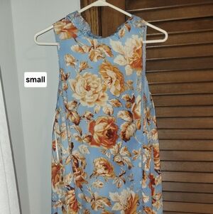 Floral Sleeveless Dress - Blue and Brown